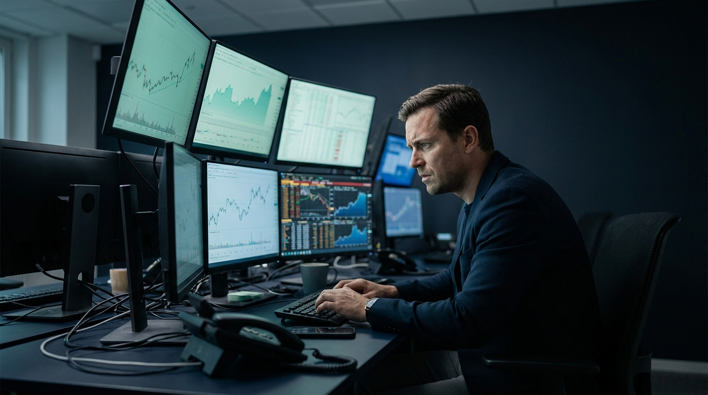 A focused professional trader at a serious multi-monitor trading battlestation, representing approaching a 25,000 dollar funded account challenge