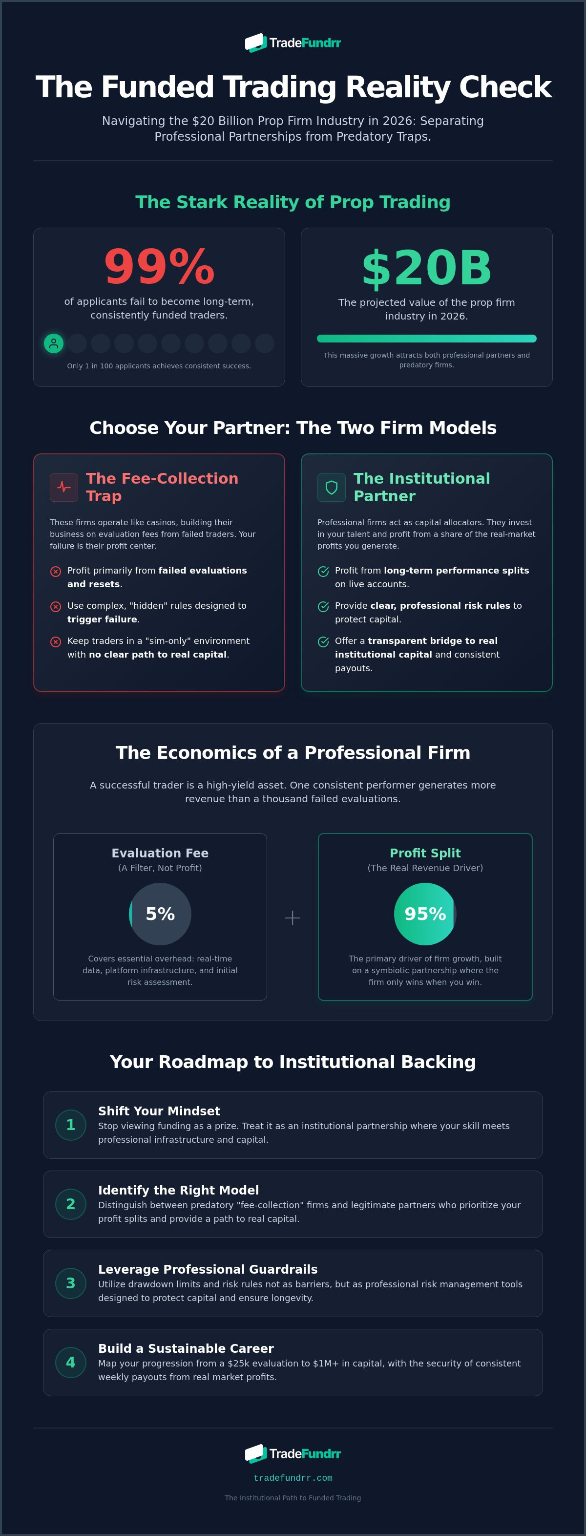 Funded account trading reality versus marketing myths infographic