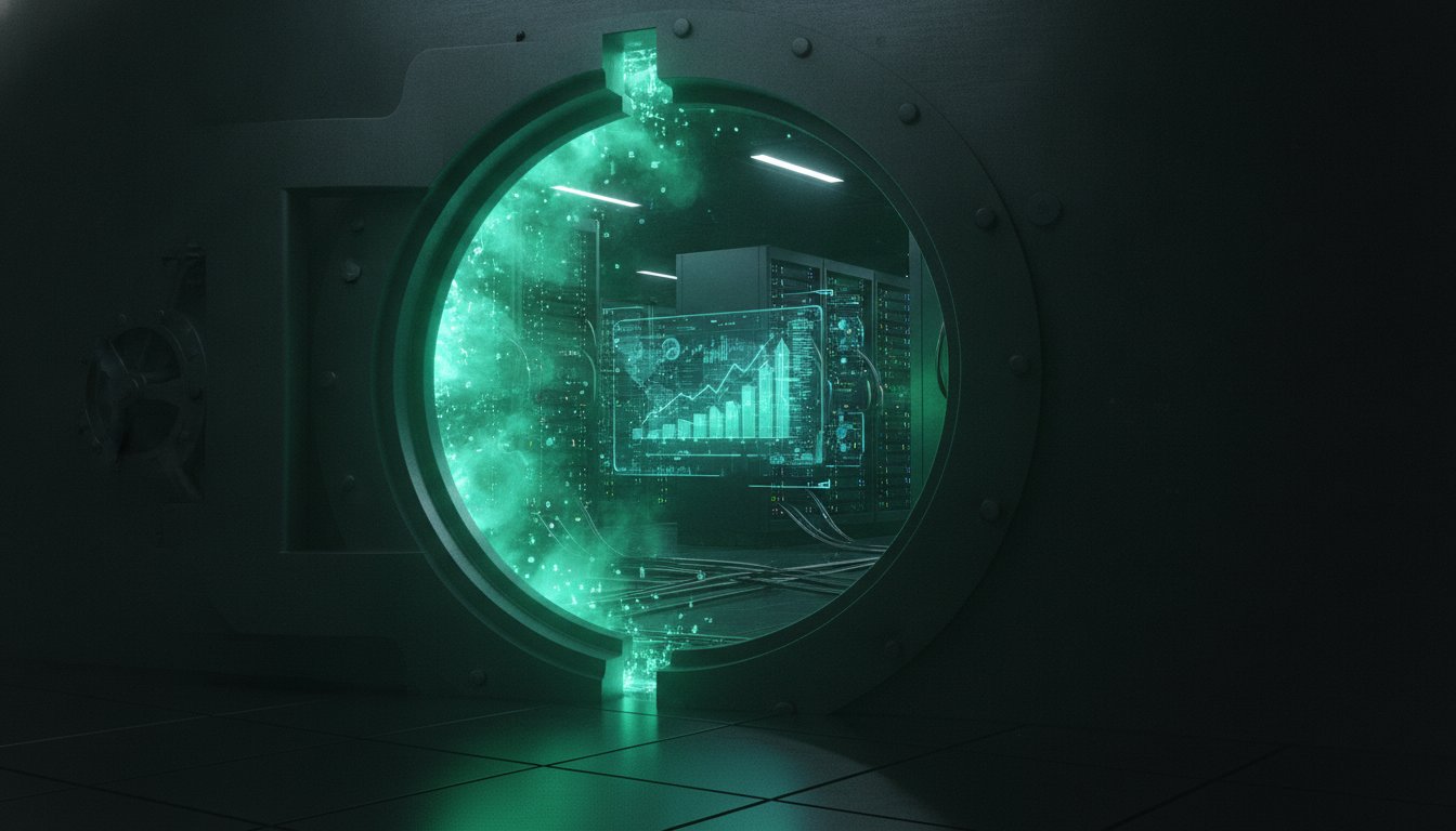 A large circular vault door opening with emerald-teal light spilling out and a faint rising chart inside, representing the $100k funded trading account tier
