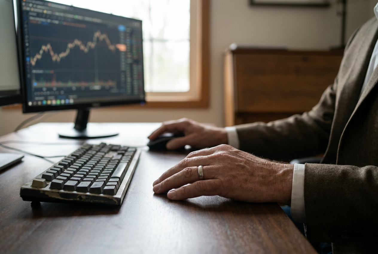A trader's hands resting calmly near a keyboard, a price chart softly blurred in the background