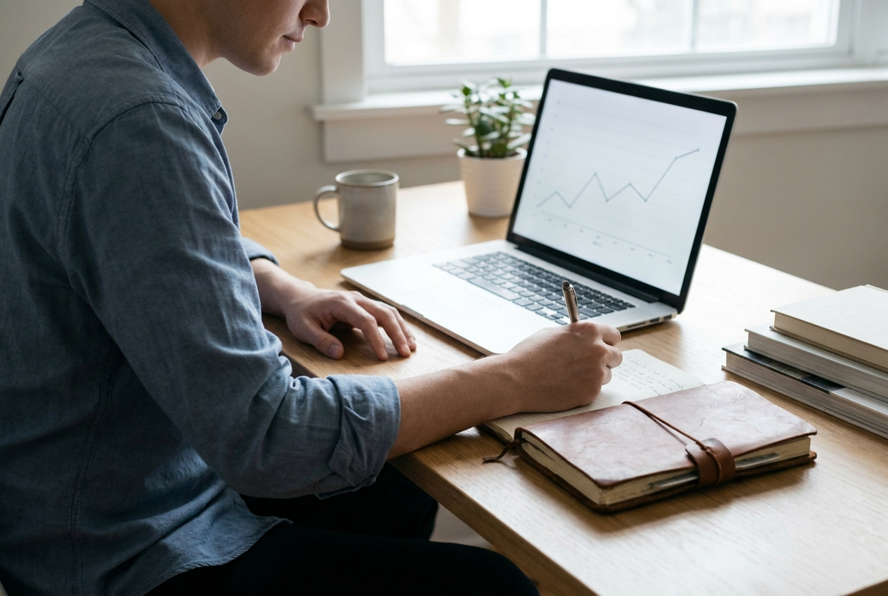 A trader calmly writing in a trading journal beside a laptop on an organized desk