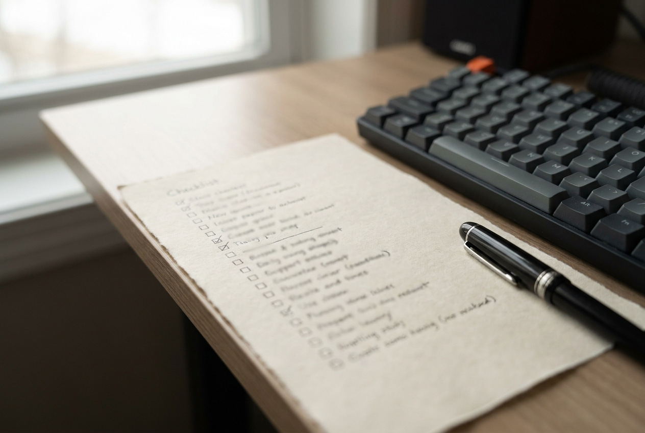 A printed trading plan checklist on a clean desk beside a keyboard