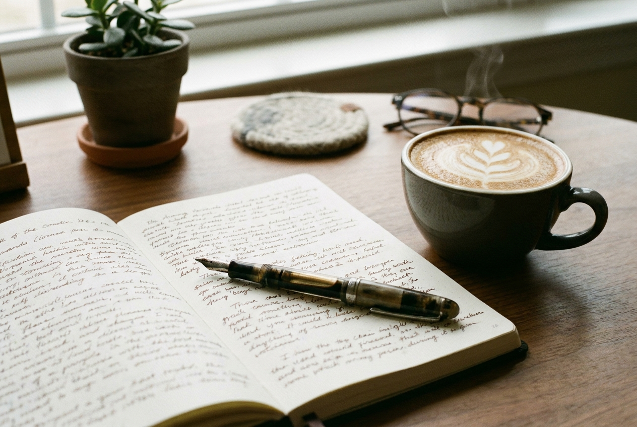 An open notebook with handwritten notes and a coffee on an organized desk
