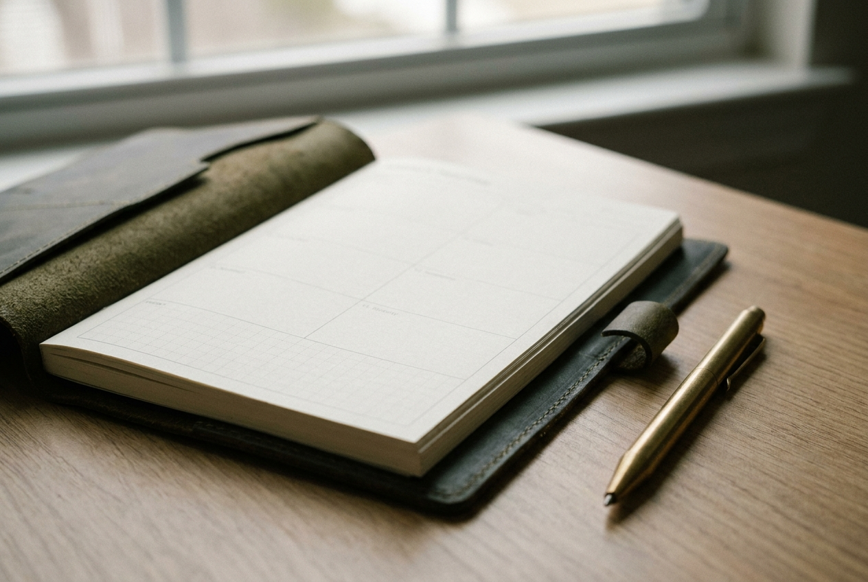 A weekly trading routine planner and pen on an organized desk