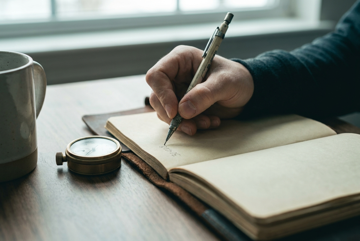 A close-up of a hand writing a number in a trading journal on a clean desk in soft natural light