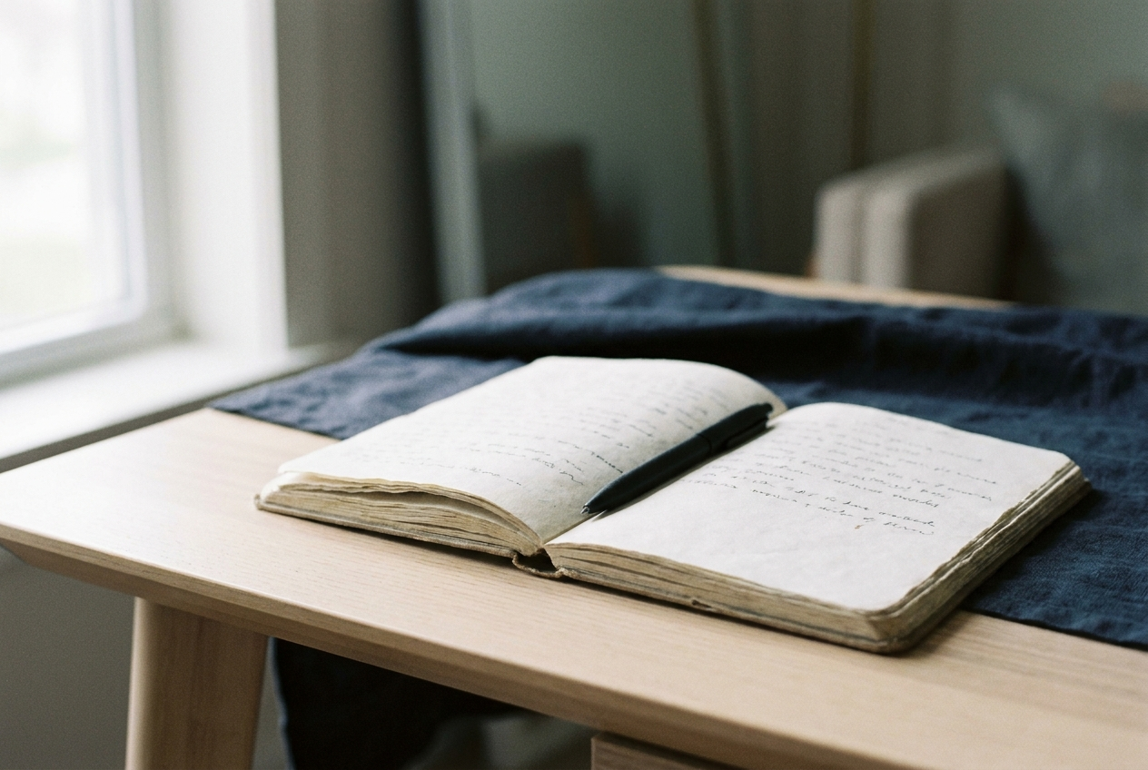 A close-up of an open notebook with a pen resting on the page in soft natural light