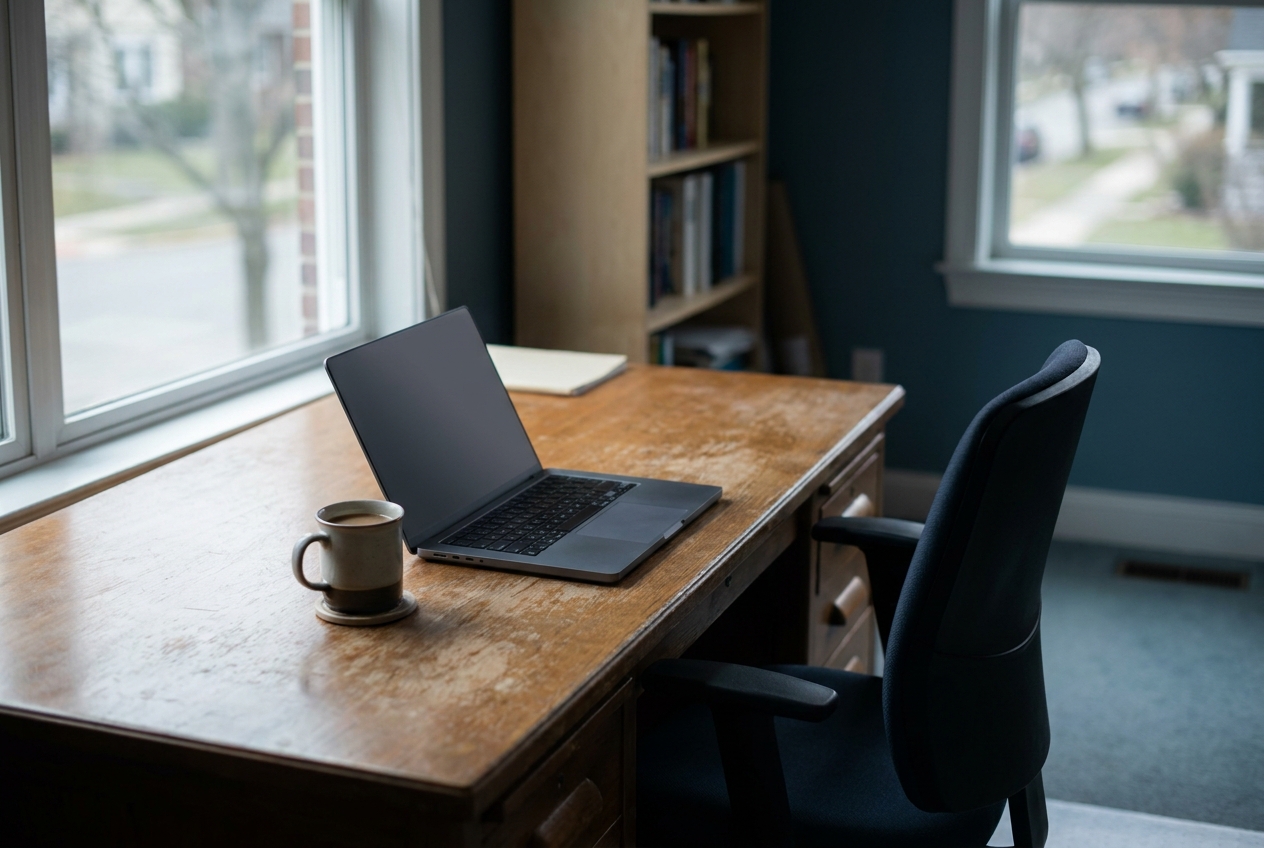 An empty trading desk at midday with a closed laptop and a coffee, the chair pushed slightly back