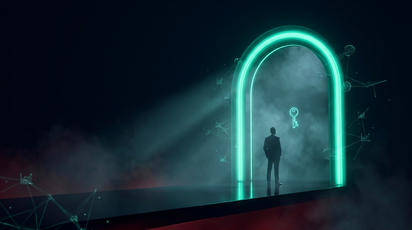A cinematic render of a lone figure before a glowing teal archway with a single key-shaped node at the threshold, representing the activation step to enter a funded account