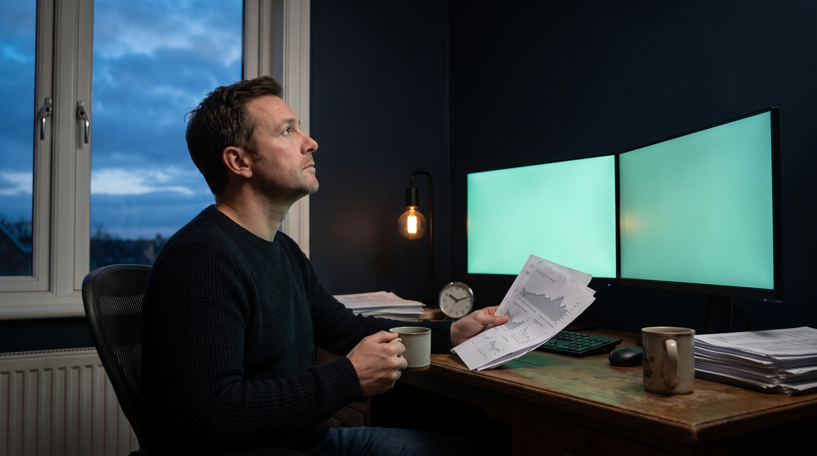 A man in a dark sweater at a home trading desk before dawn, holding a coffee mug and a printed research report, looking up toward two monitors glowing soft teal, with a deep blue sky in the window behind him