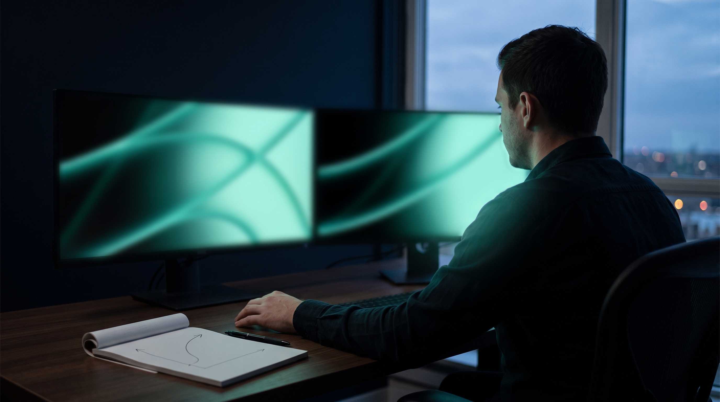 A day trader seen from behind at a dark desk at dusk, a notebook with a hand-drawn curved line on the desk, two monitors glowing with soft blurred teal curves
