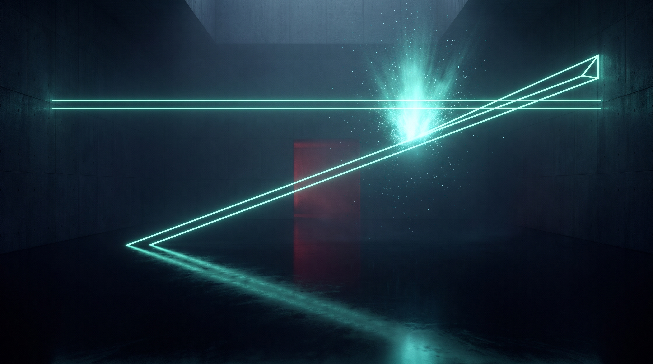Two beams of teal neon light in a dark concrete hall, one horizontal and one rising diagonally, converging into a narrow wedge where a burst of light breaks upward through the horizontal beam