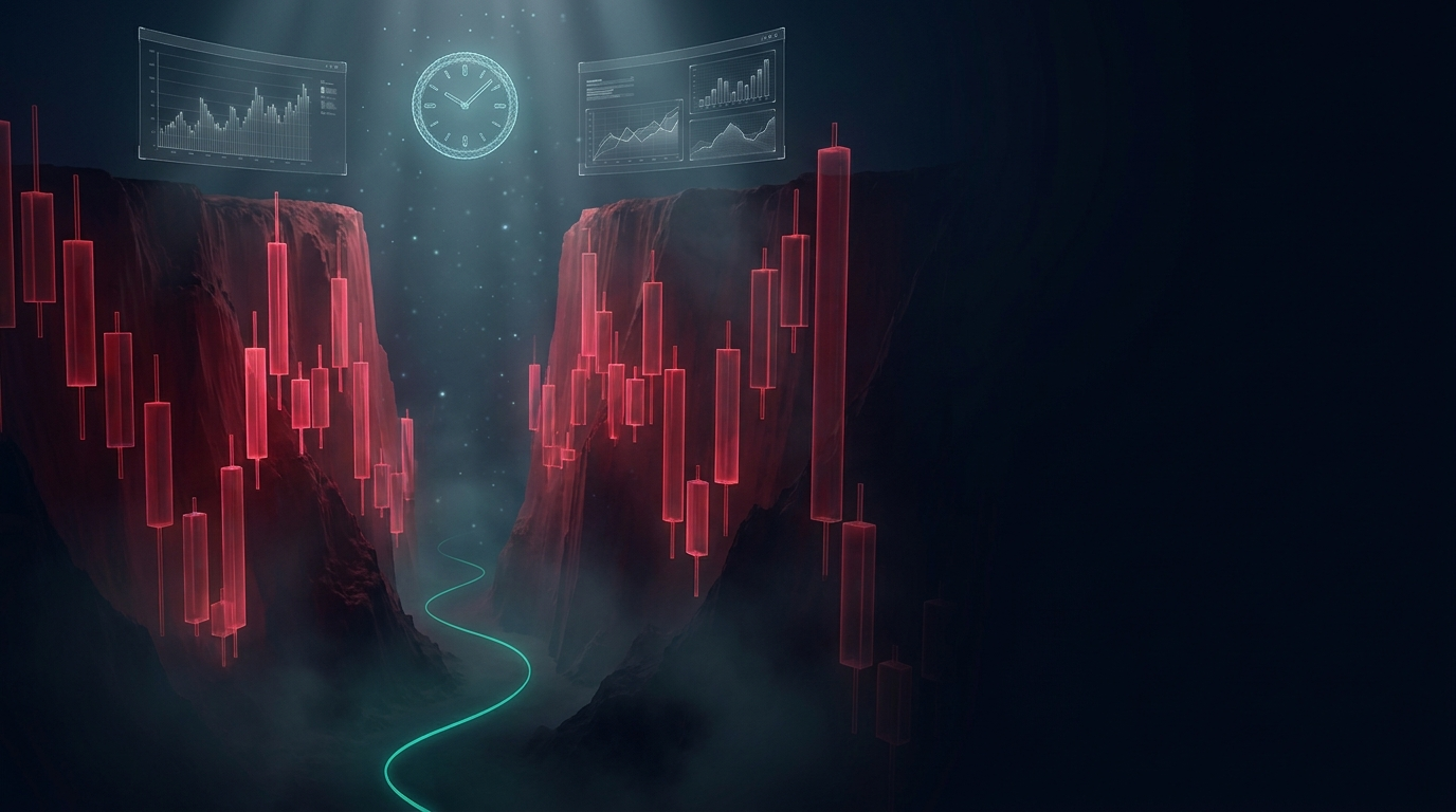 A cinematic render of descending red candlestick towers with floating option contracts and a wireframe clock, representing options assignment risk in live markets
