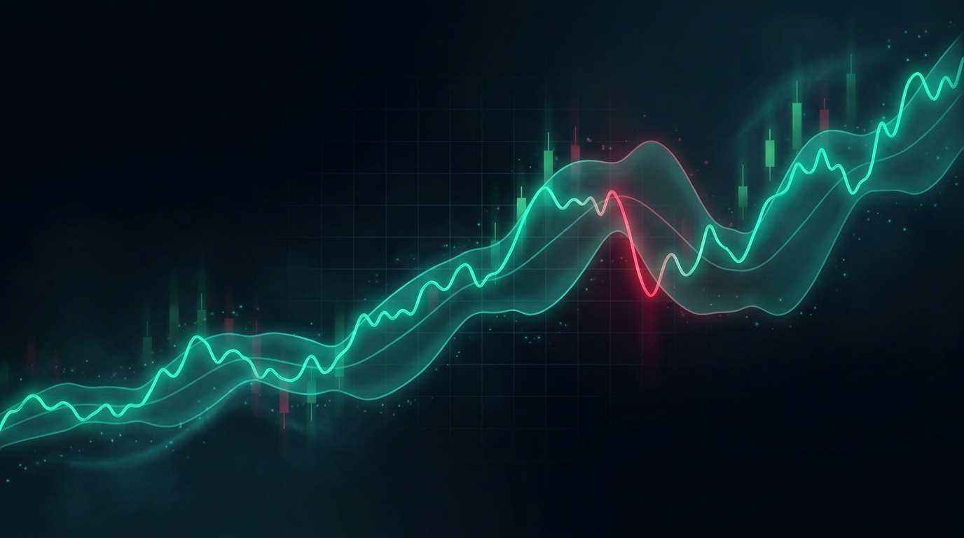 A cinematic render of a glowing teal price line wrapped in a widening and narrowing volatility band over a dark grid, representing using ATR to set stop distance