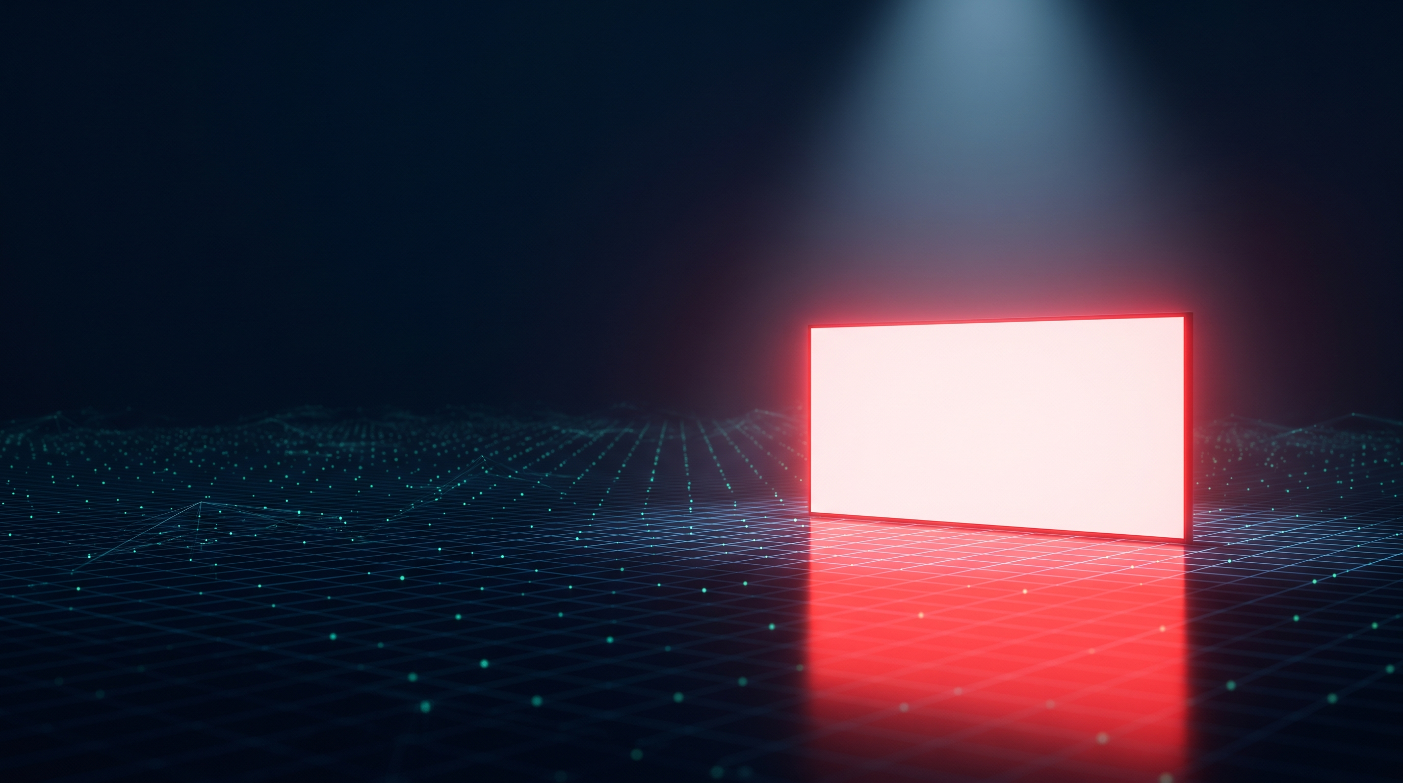 A single blank panel glowing harsh red under a spotlight in a dark space, its reflection drowning out thousands of small dim teal points spread across a wireframe grid floor