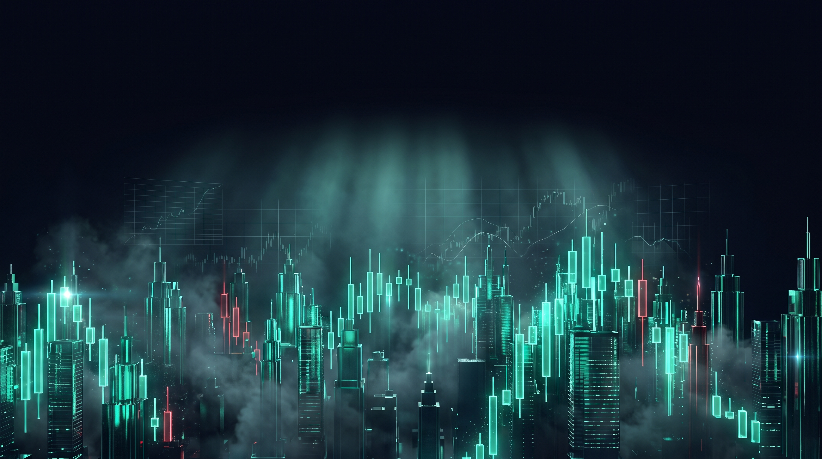 A dense nocturnal skyline of glowing teal candlestick towers with a few red towers and volumetric fog, representing a 24/7 crypto market that never closes