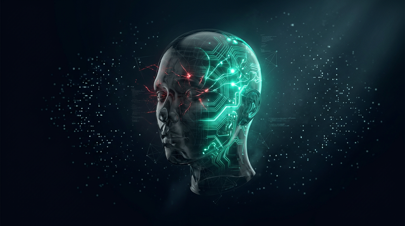 A cinematic render of a translucent glass head with a dim, strained red side and a restored side wiring back to life with clean teal circuitry, representing recovering from screen fatigue in trading