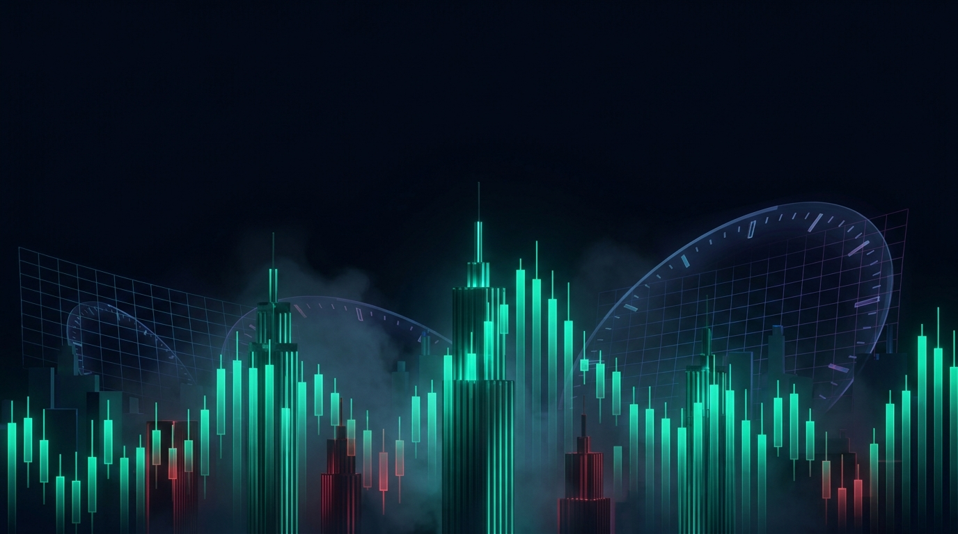 A cinematic dark navy skyline built from teal and red candlestick towers representing the different liquidity windows of the futures trading day