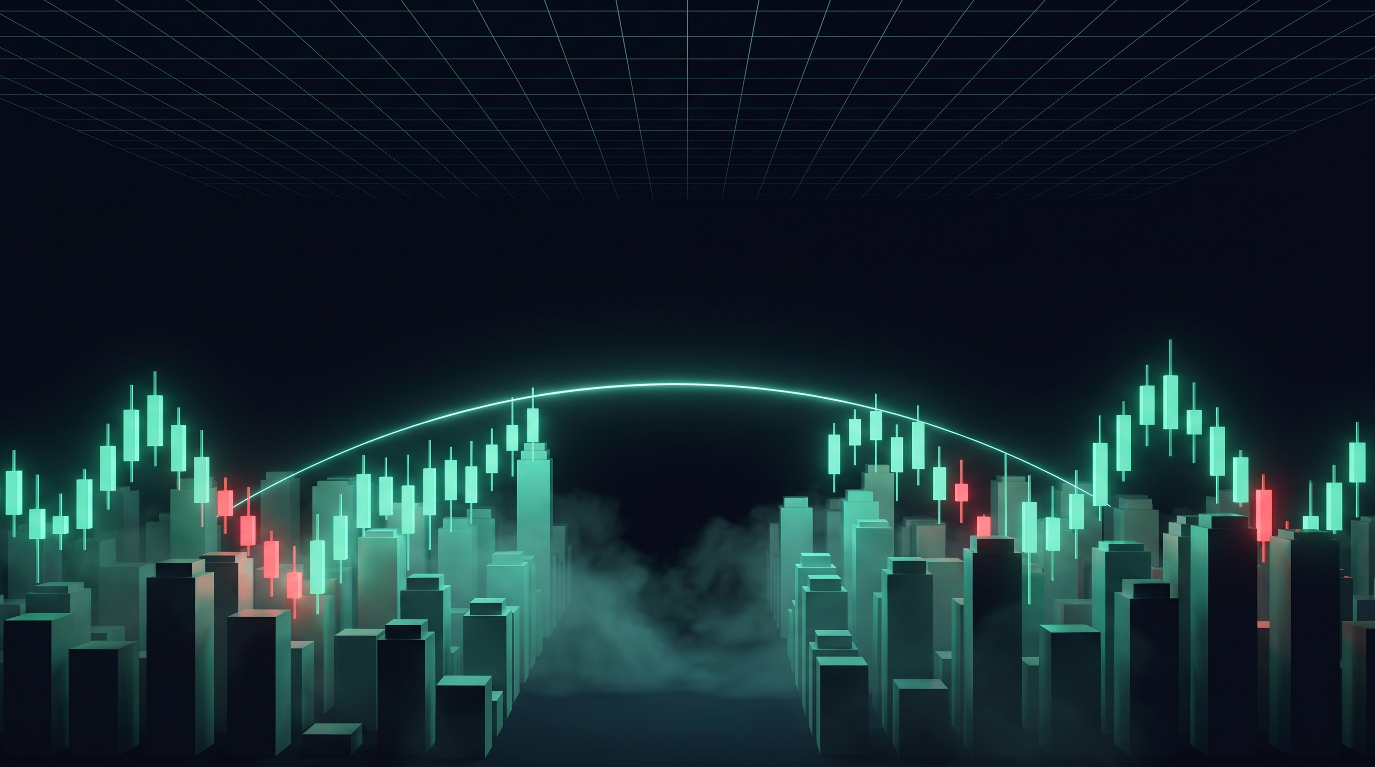 A cinematic render of a nocturnal skyline built from emerald-teal candlestick towers split into two districts rising in parallel rhythm, connected by a faint glowing tether, with volumetric fog