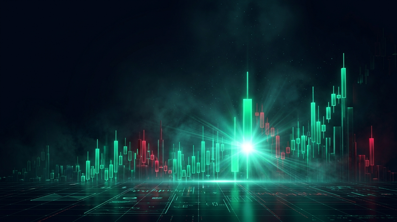A nocturnal skyline built from tall emerald and red 3D candlestick towers with a bright emerald pulse of light radiating outward across the skyline in volumetric fog