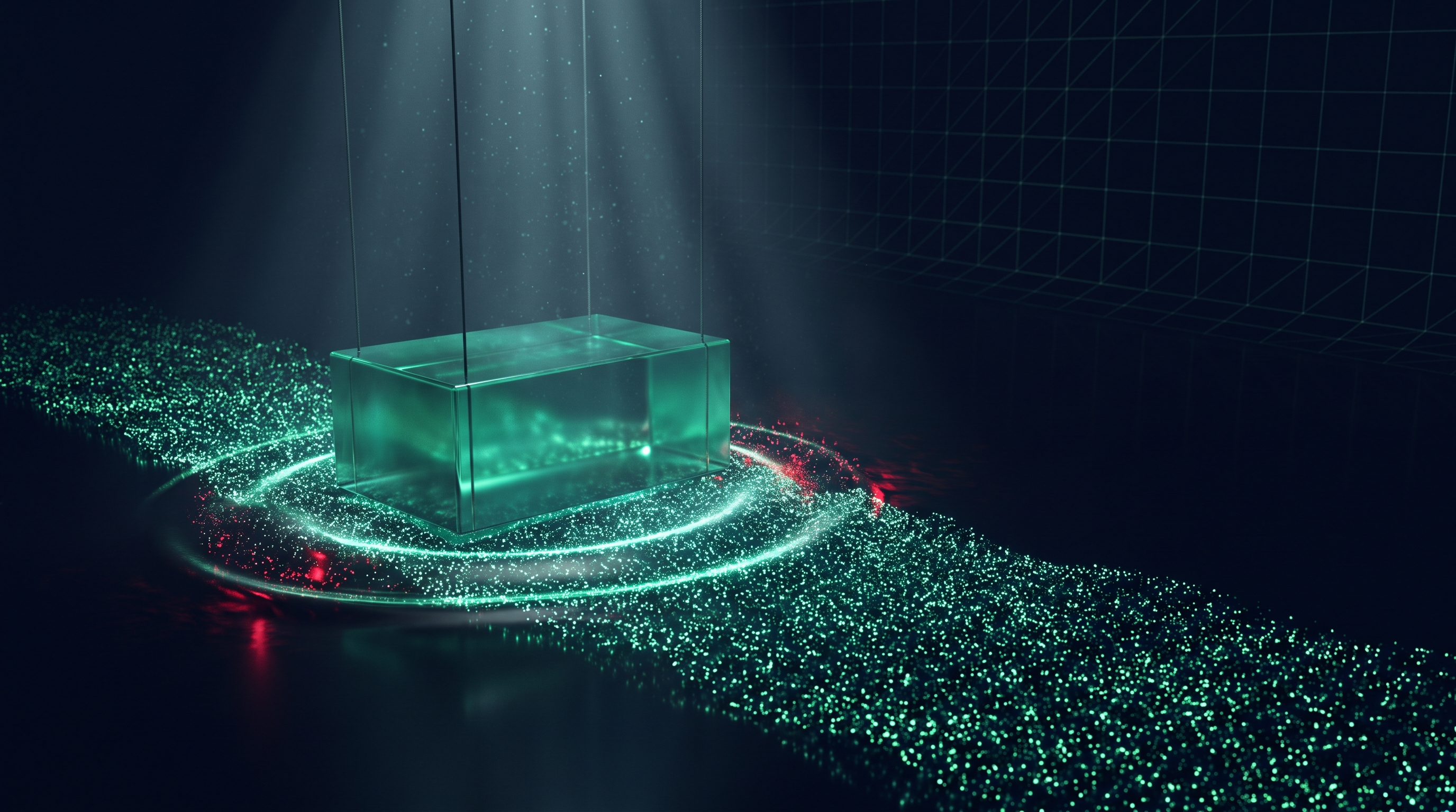 A large block of glowing teal glass lowered on cables into a dark river of teal light particles, sending a wide ripple across it