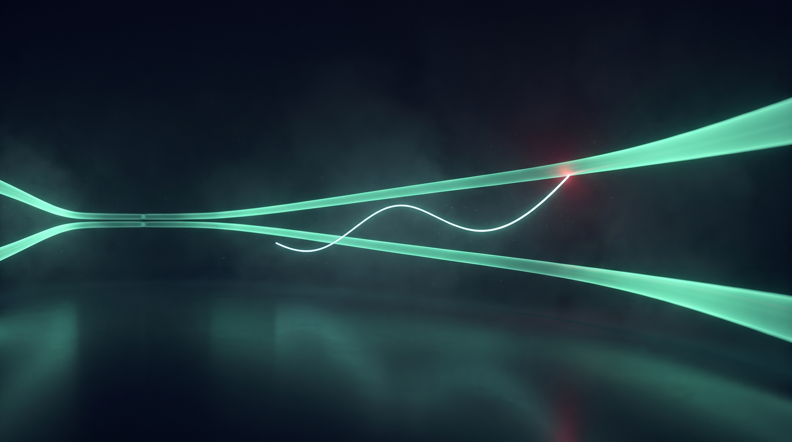 Two glowing teal ribbons of light crossing a dark reflective floor, pinched close together on the left and flaring wide on the right, with a thin white thread of light rising between them to touch the upper ribbon