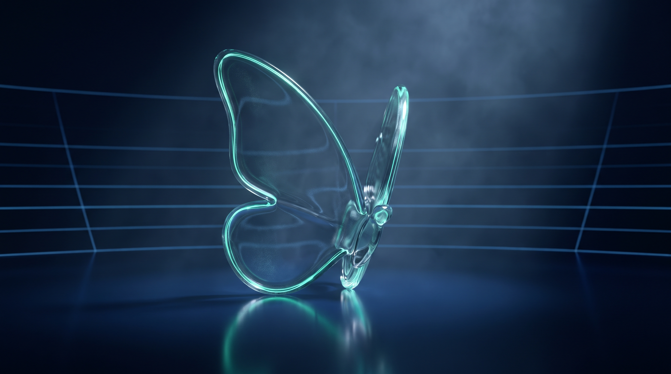 A glass butterfly sculpture glowing teal on a dark reflective floor, one wing broad and full and the other noticeably shorter, against a navy grid in soft haze