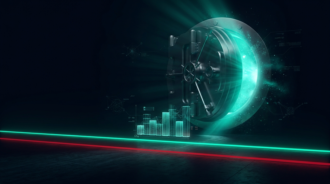 A cinematic render of a vault door opening onto a glowing threshold line with a stack of capital bars resting just above it, representing a payout minimum balance buffer