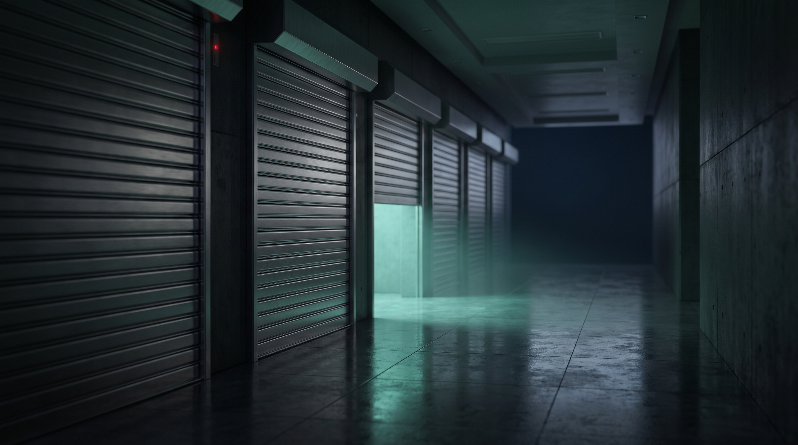 A dark corporate hall lined with closed steel roller shutters, one shutter in the middle half raised and spilling teal-green light across a polished floor