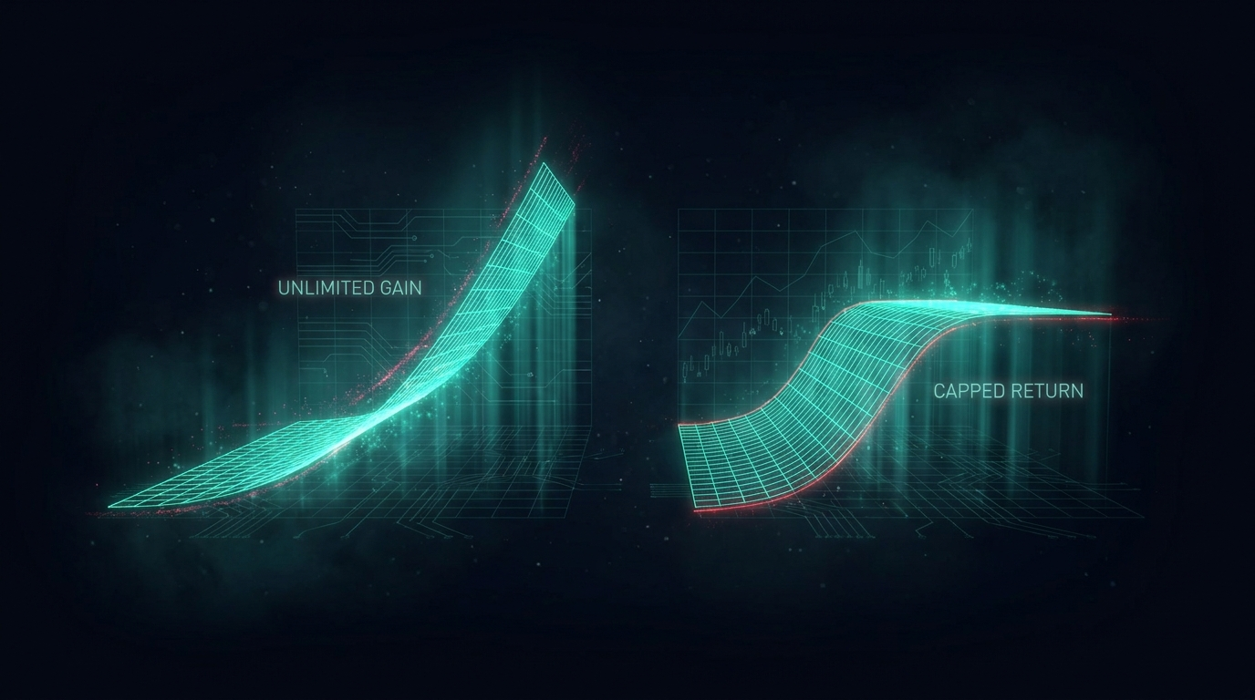 Two glowing translucent teal data structures side by side in a dark navy environment, one an open-ended rising beam and one a bounded capped channel