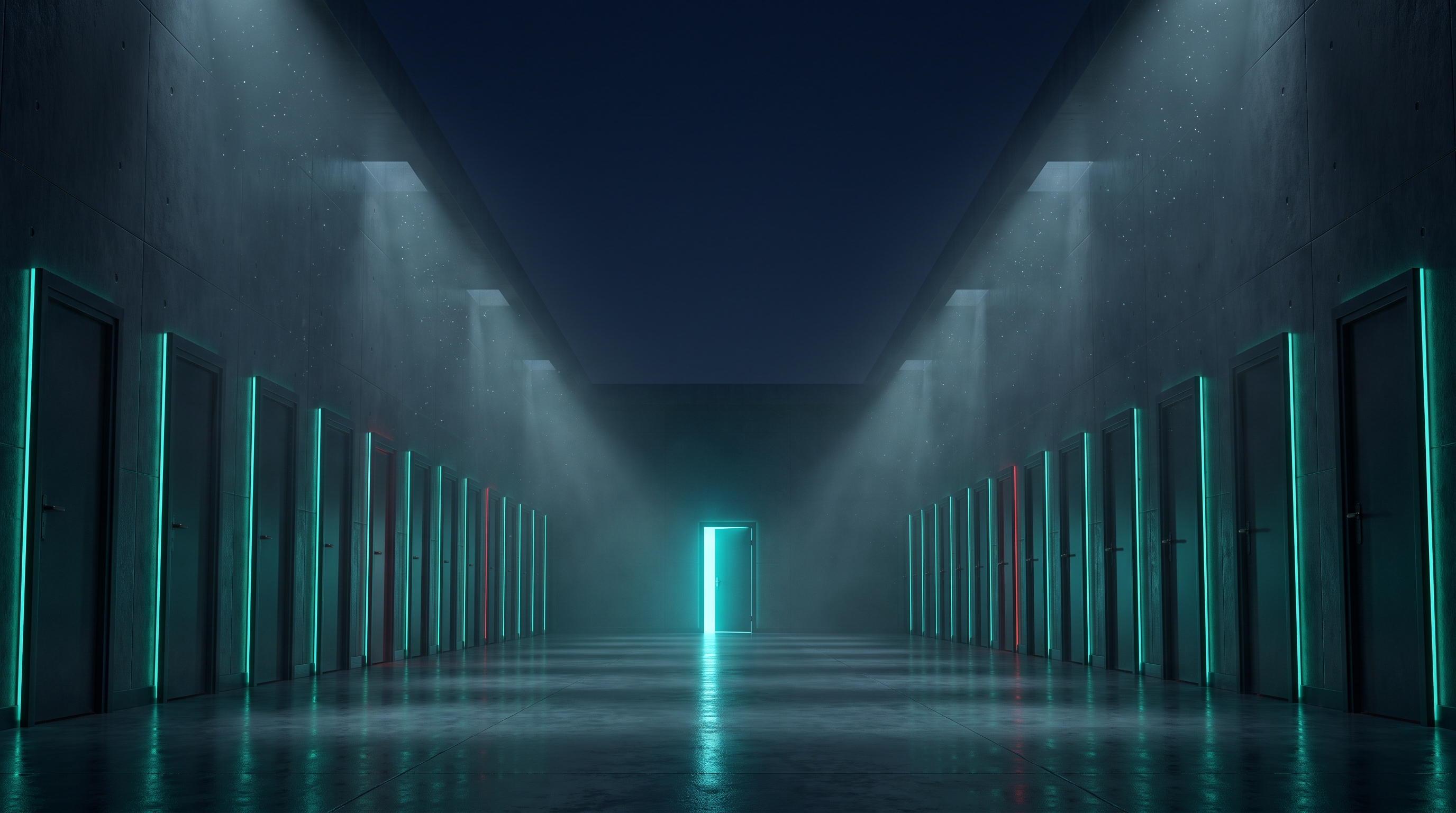 A long dark concrete hall lined with dozens of identical doors outlined in teal light, a few in red, with one door at the far end standing open and glowing