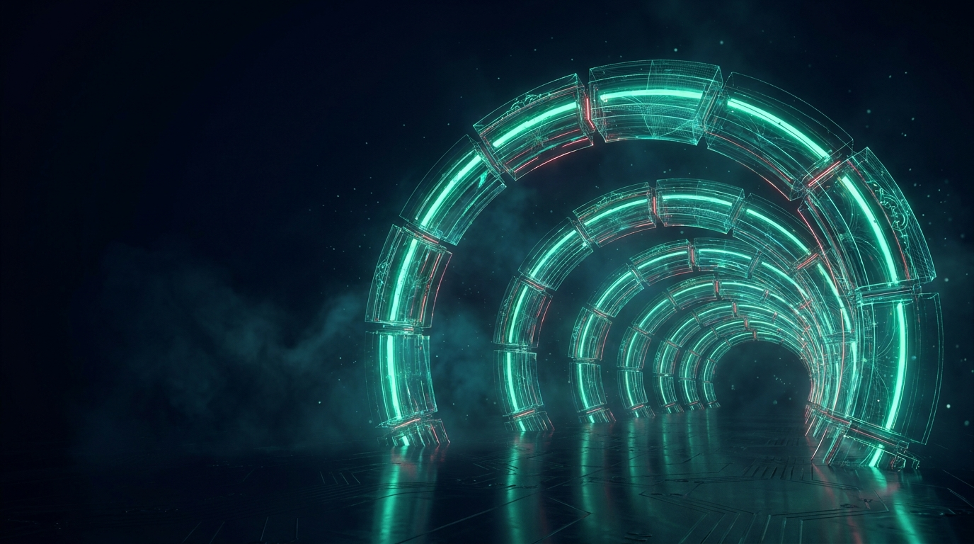 Abstract mint option payoff curves over a fine grid on deep navy suggesting time horizons