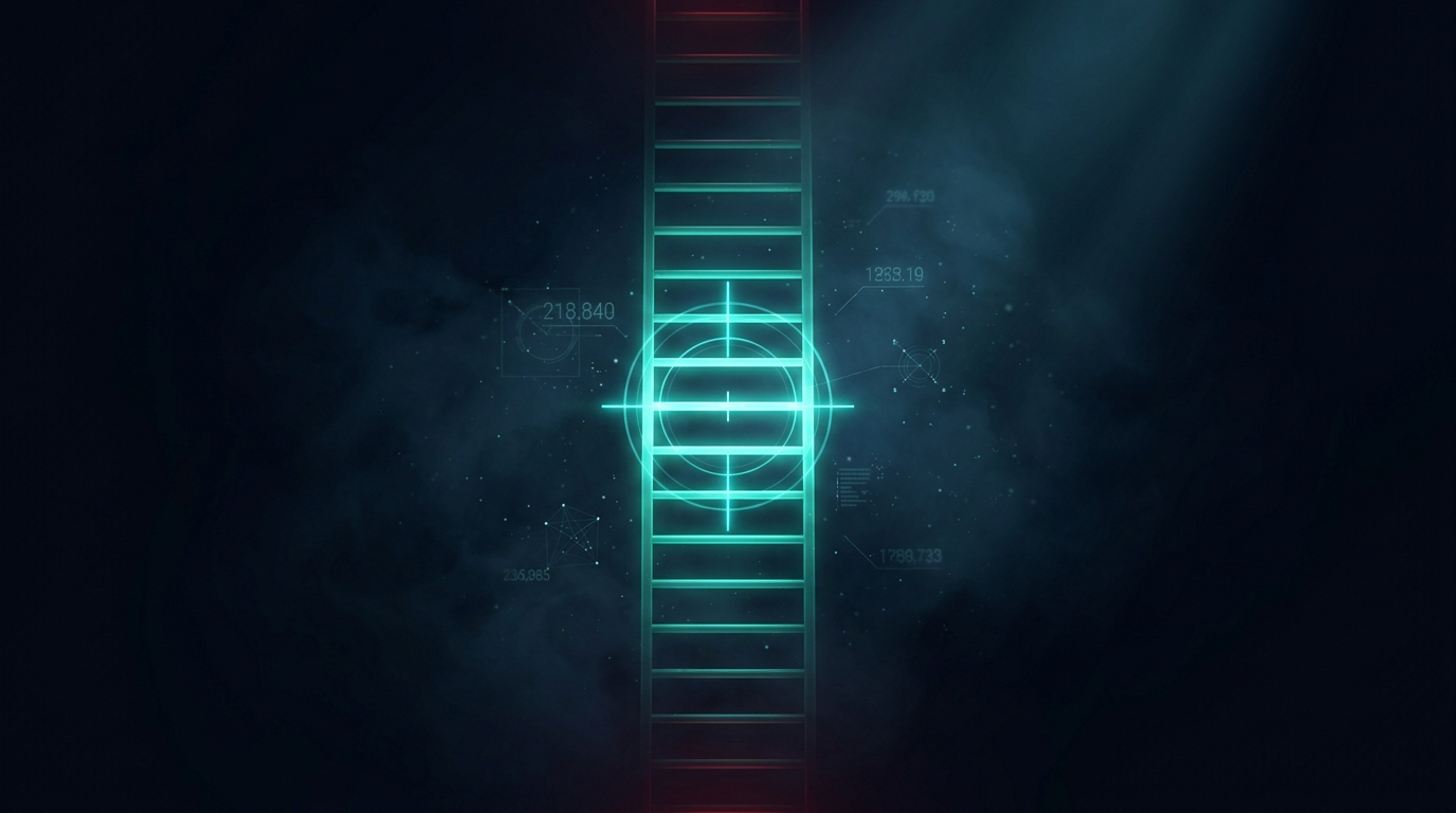 A tall glowing ladder of teal light rungs representing option strike levels, with one rung locked in a targeting reticle, on a dark navy background
