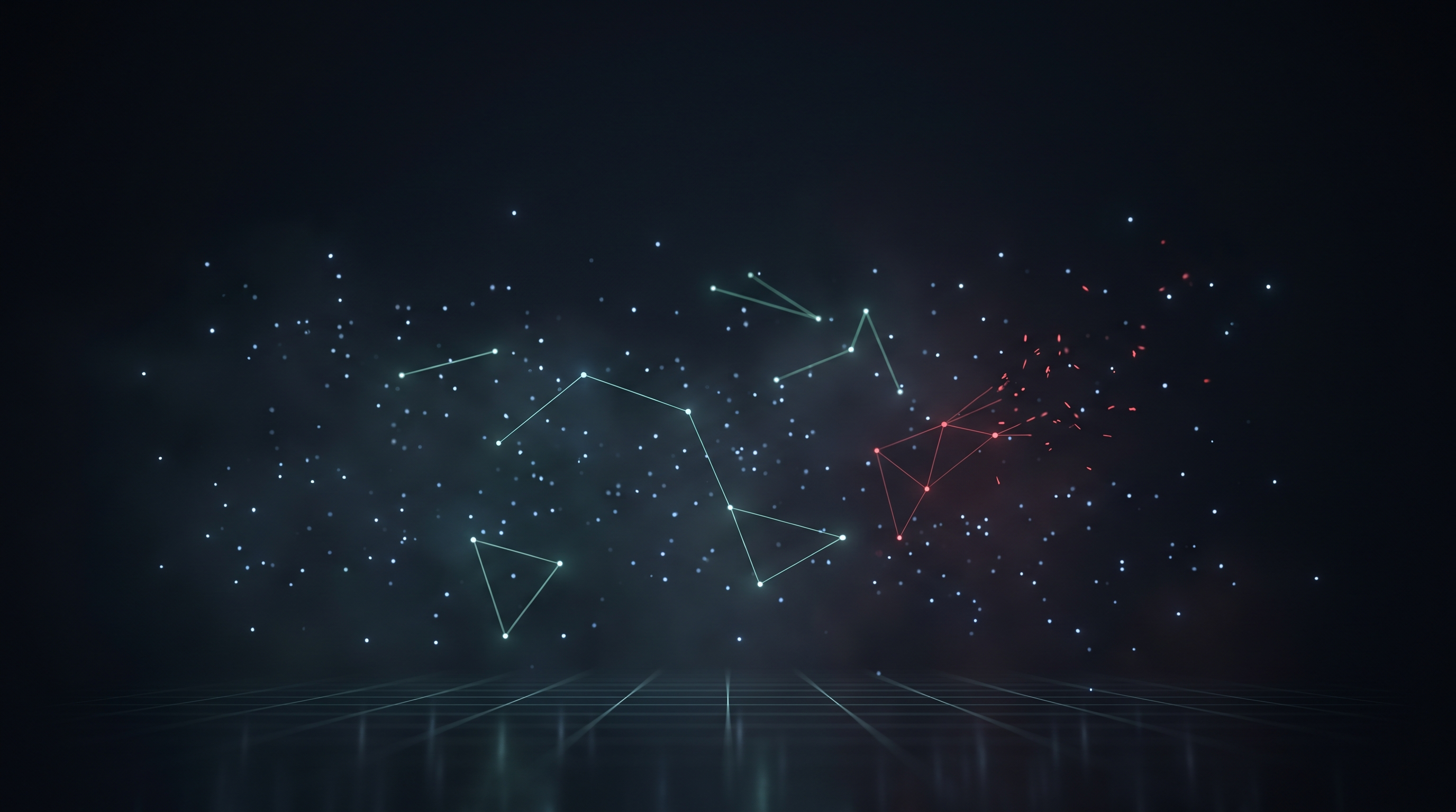 A dark navy void of scattered glowing points like a starfield, where faint teal lines join random points into accidental constellations and one red constellation breaks apart into loose dots above a reflective grid floor