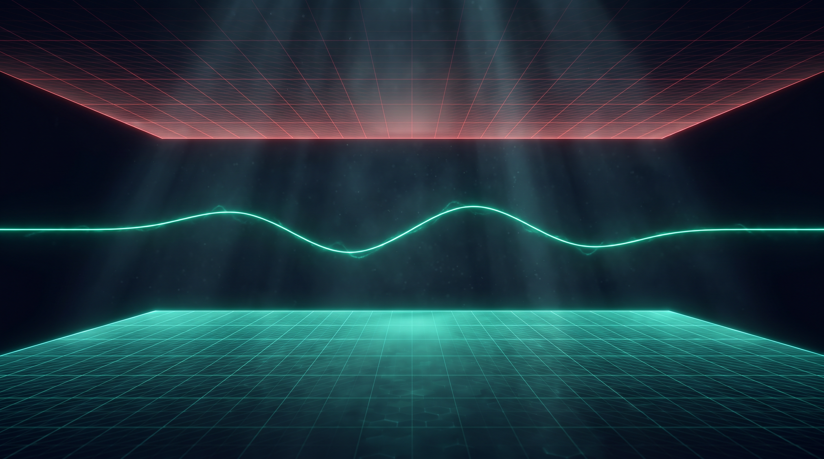 A glowing teal line of light weaving through a dark space between a glowing teal grid floor below and a red-edged grid ceiling above, never touching either one