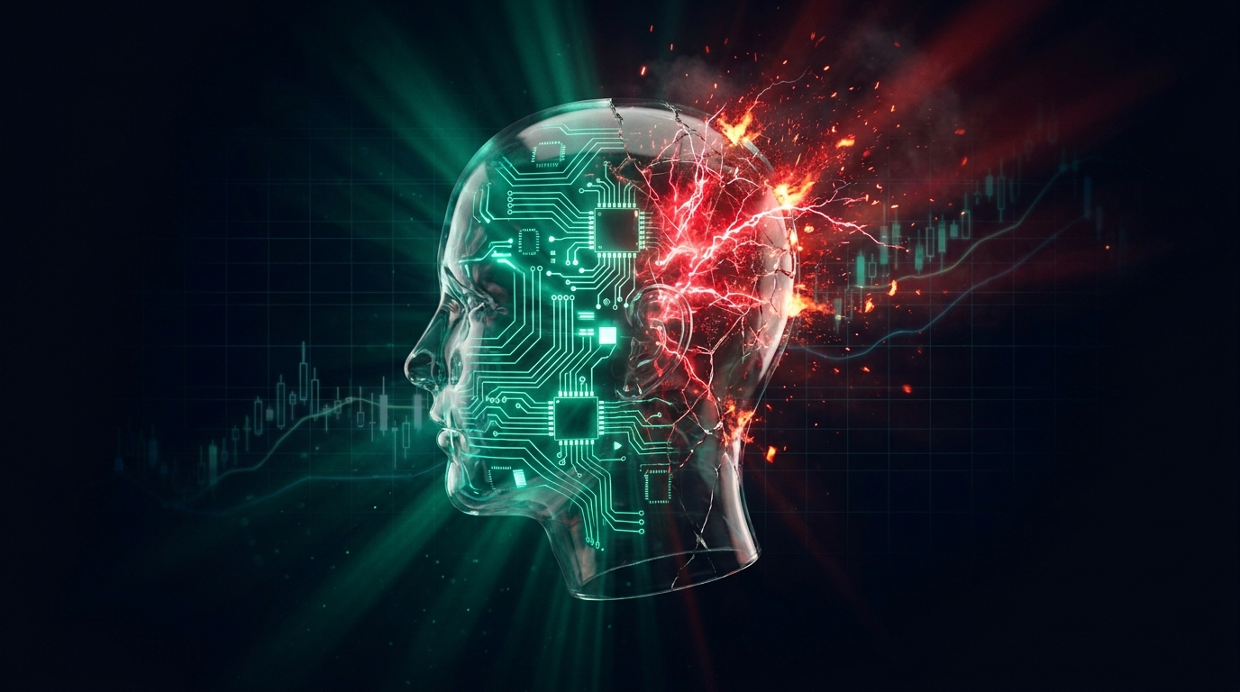 A translucent glass human head with orderly teal circuit traces on one side and chaotic red neural sparks on the other, representing confidence tipping into overconfidence