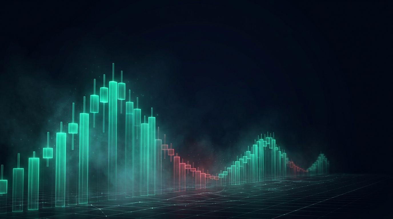 A cinematic skyline built from teal and red candlestick towers whose heights trace a rising then falling curve, representing a futures term structure in contango and backwardation