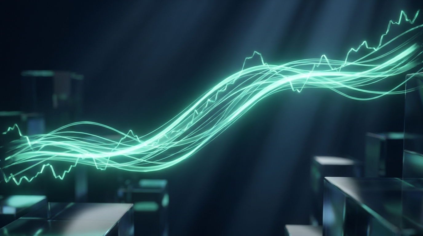 A cinematic render of several glowing teal chart lines moving in sync and merging into one path, representing correlation risk