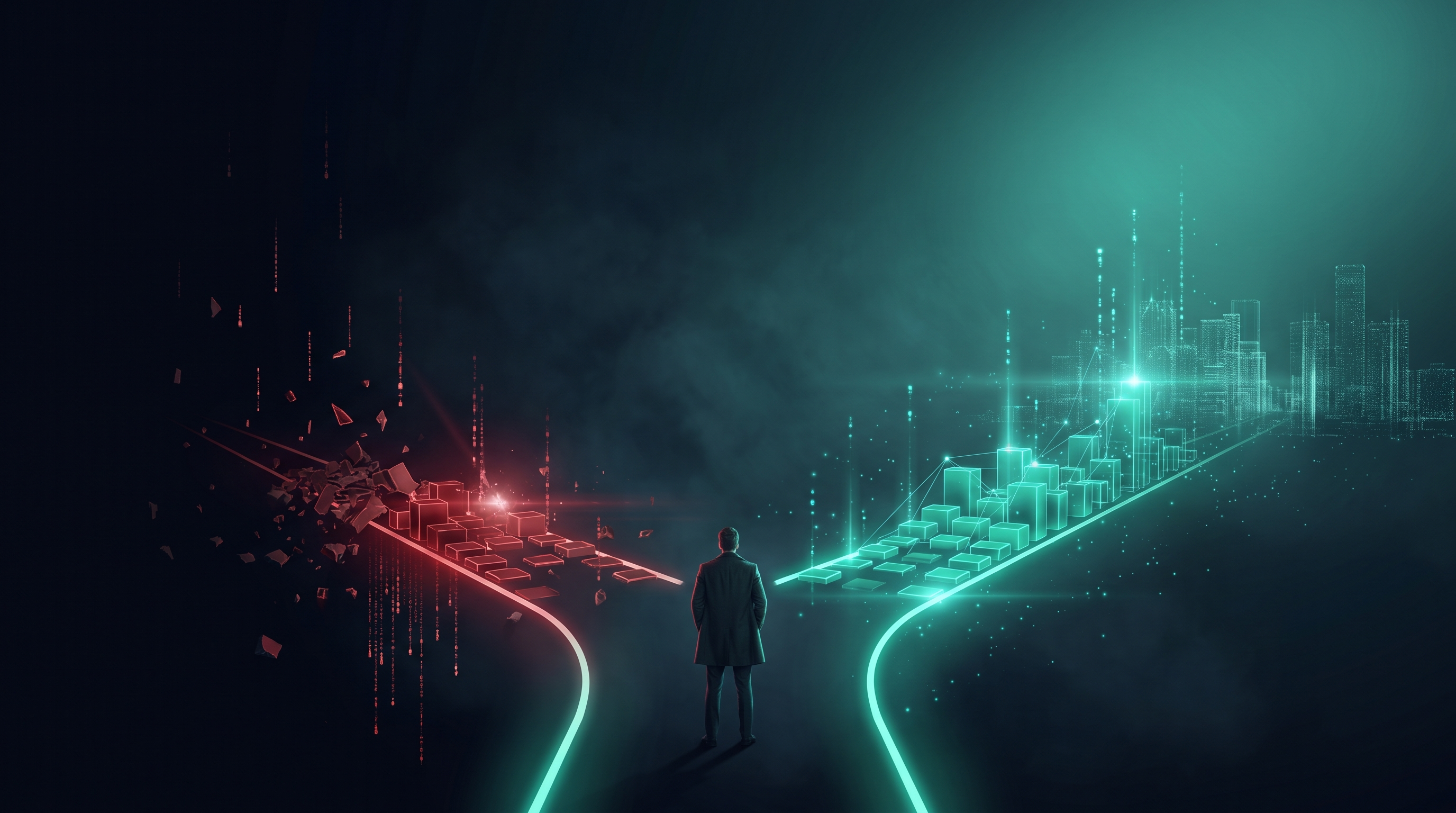 A cinematic render of a lone figure in a suit seen from behind at the split of two glowing pathways running in identical parallel rhythm, one crimson with falling data and one emerald with rising data