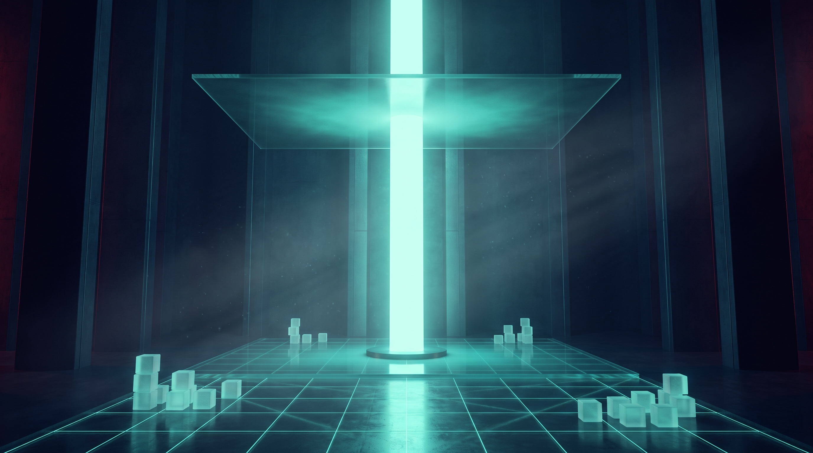 A dark cathedral-like hall where a bright column of teal light rises from a glowing grid floor and spreads flat against a translucent glass ceiling, with small stacks of glowing cubes resting on the floor