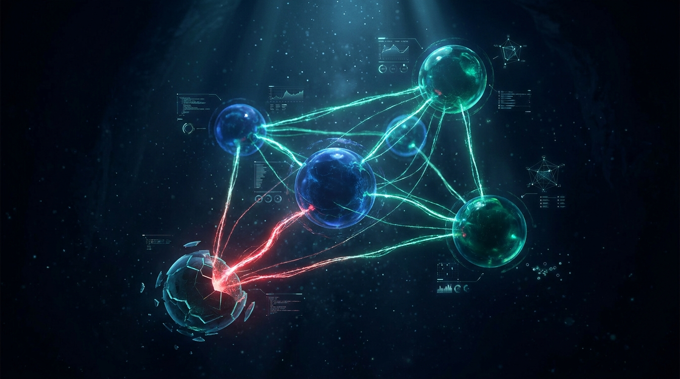 A cinematic render of glowing market spheres linked by threads with one red thread spreading a chain reaction, representing cross-market correlation risk