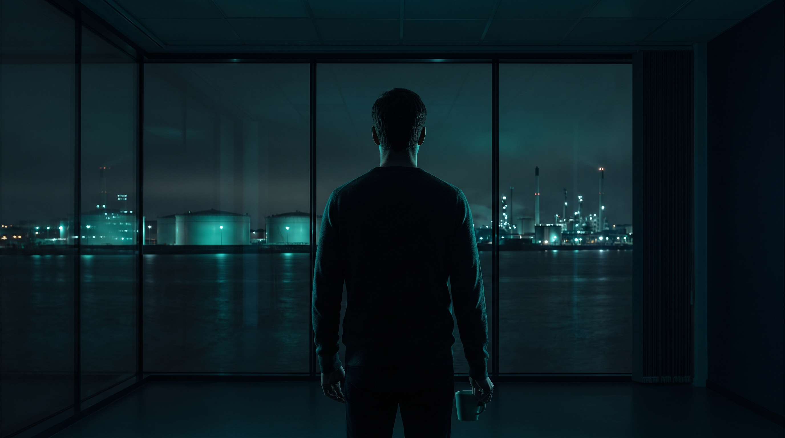 A trader in a dark sweater seen from behind at a floor-to-ceiling window at night, holding a mug and looking across dark water at an oil storage terminal and refinery lit in teal