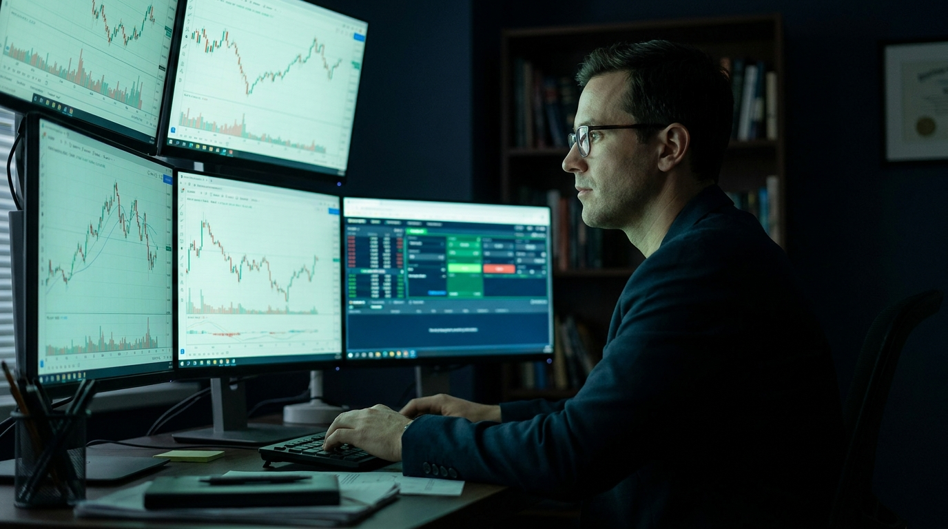 A focused trader watching energy price charts at a multi-monitor desk, representing crude oil futures day trading