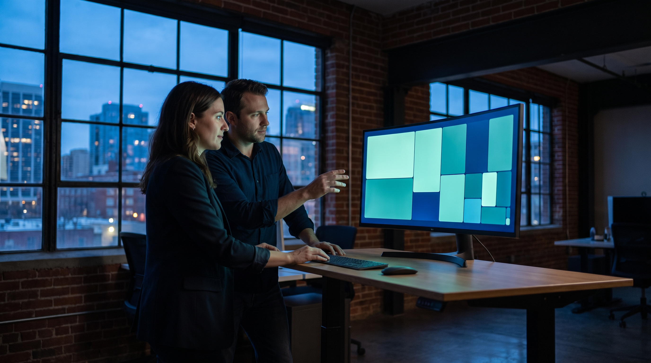 Two traders standing at a desk in a dark brick loft office at blue hour, discussing a large monitor showing a glowing teal mosaic of rectangles of different sizes