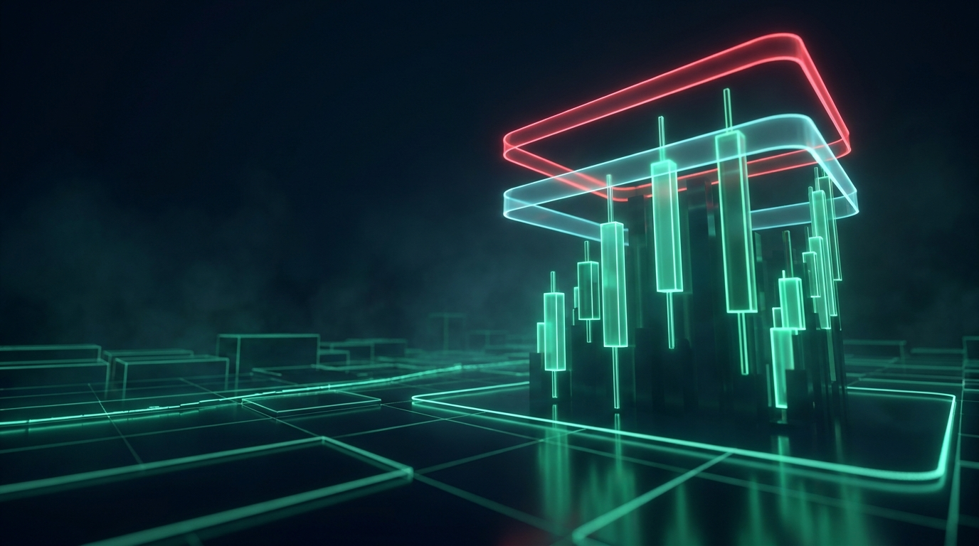 Glowing teal candlestick towers capped by luminous guardrails over a dark grid, representing crypto leverage limits in a funded account