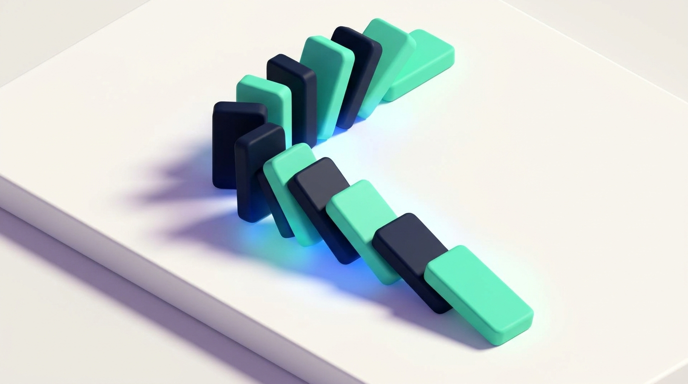Isometric 3D scene of toppling cascading candlestick prisms in navy and mint