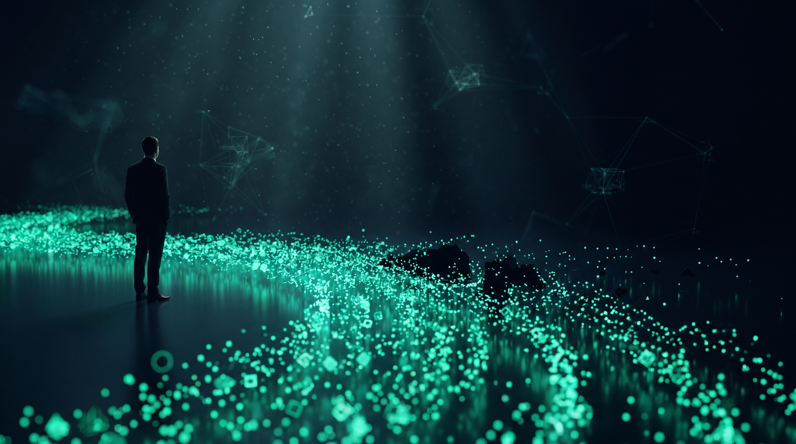 A cinematic render of a wide river of glowing teal particles flowing across a dark floor, thinning and breaking apart into sparse points midway across, with a lone figure watching from behind