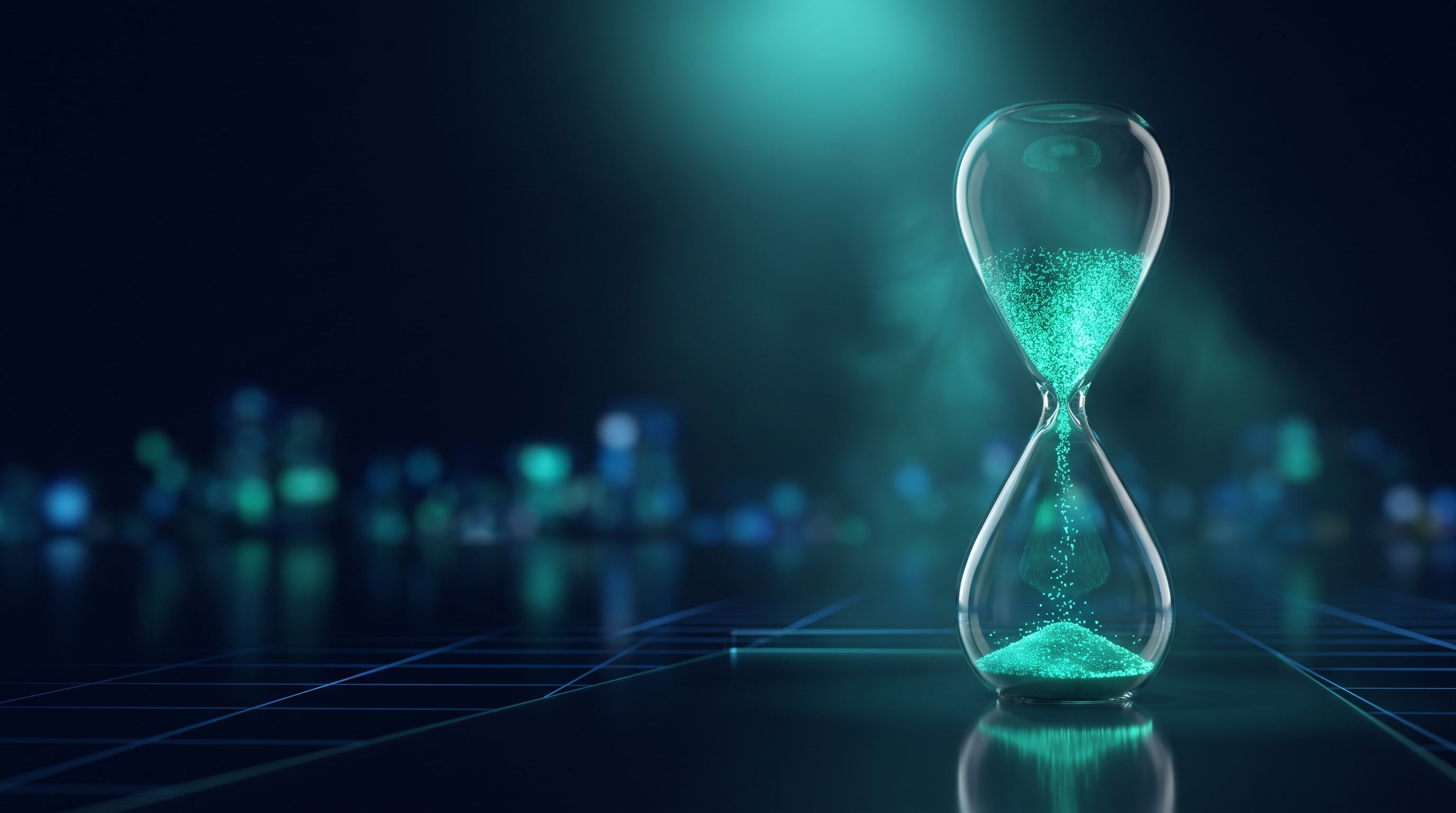 A glass hourglass filled with glowing teal particles on a dark reflective surface, with blurred city lights behind it
