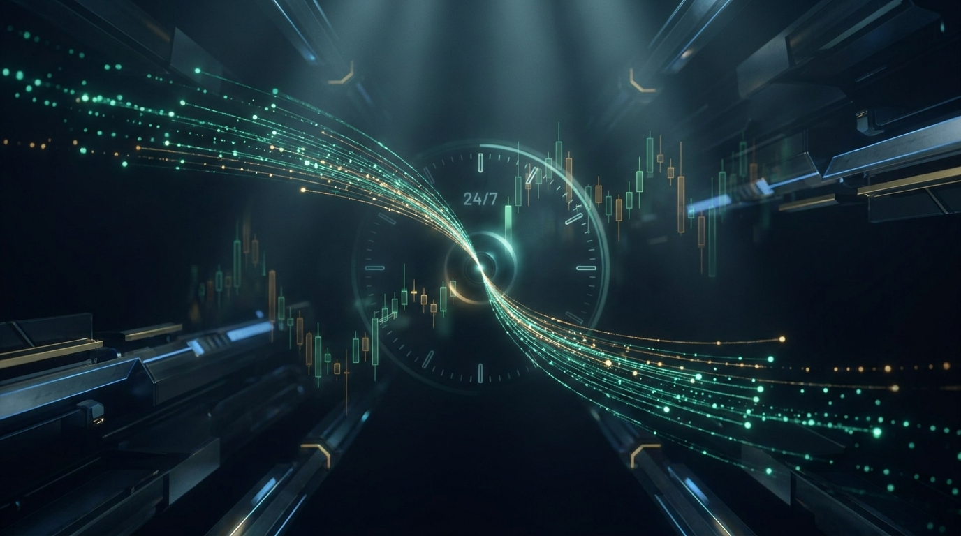 Two opposing streams of teal light meeting at a central pivot in a dark data environment, representing crypto funding rates between longs and shorts