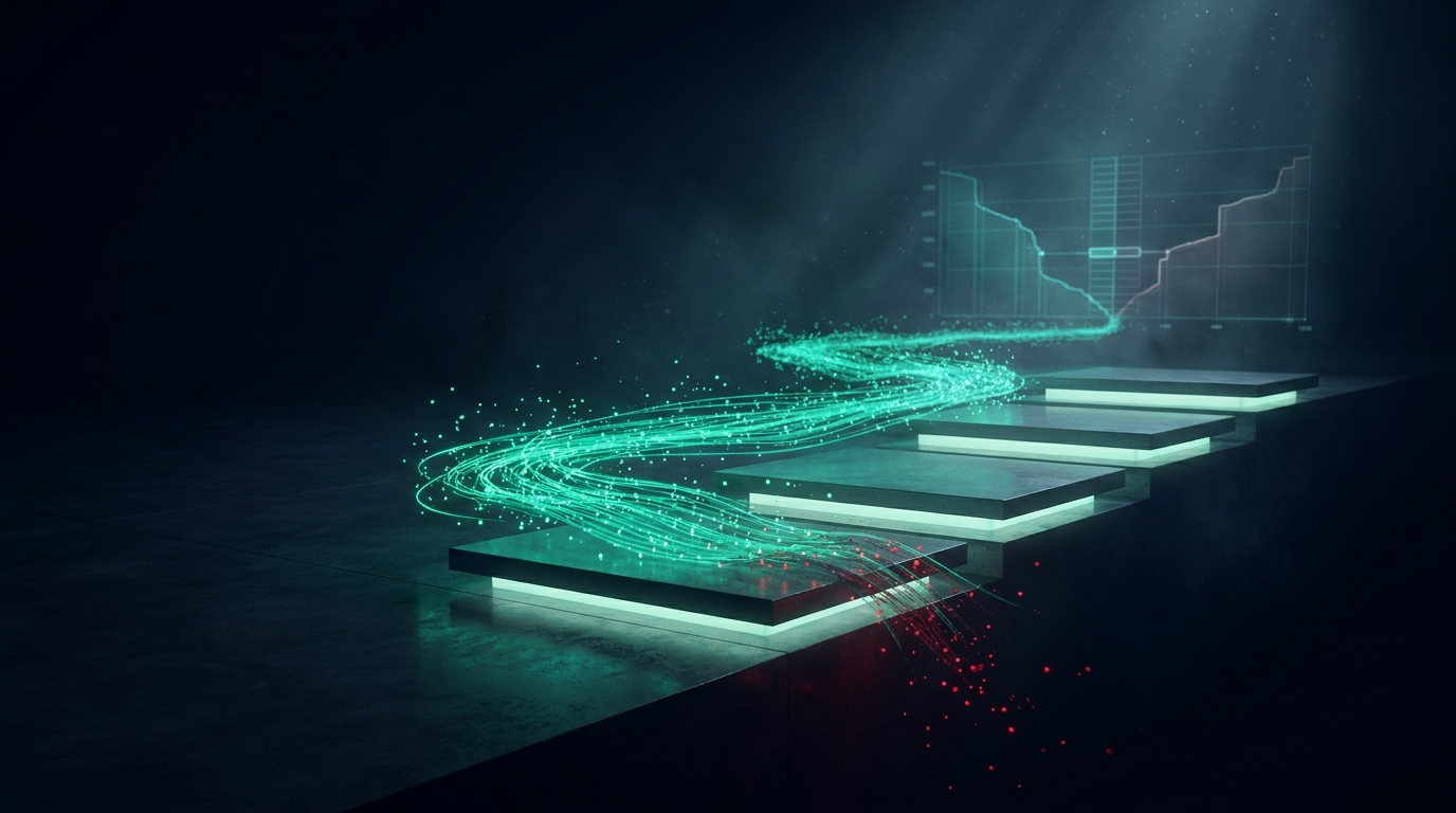 A cinematic render of a teal particle stream cascading down glowing order-book ledges and fraying red, representing crypto slippage and sizing