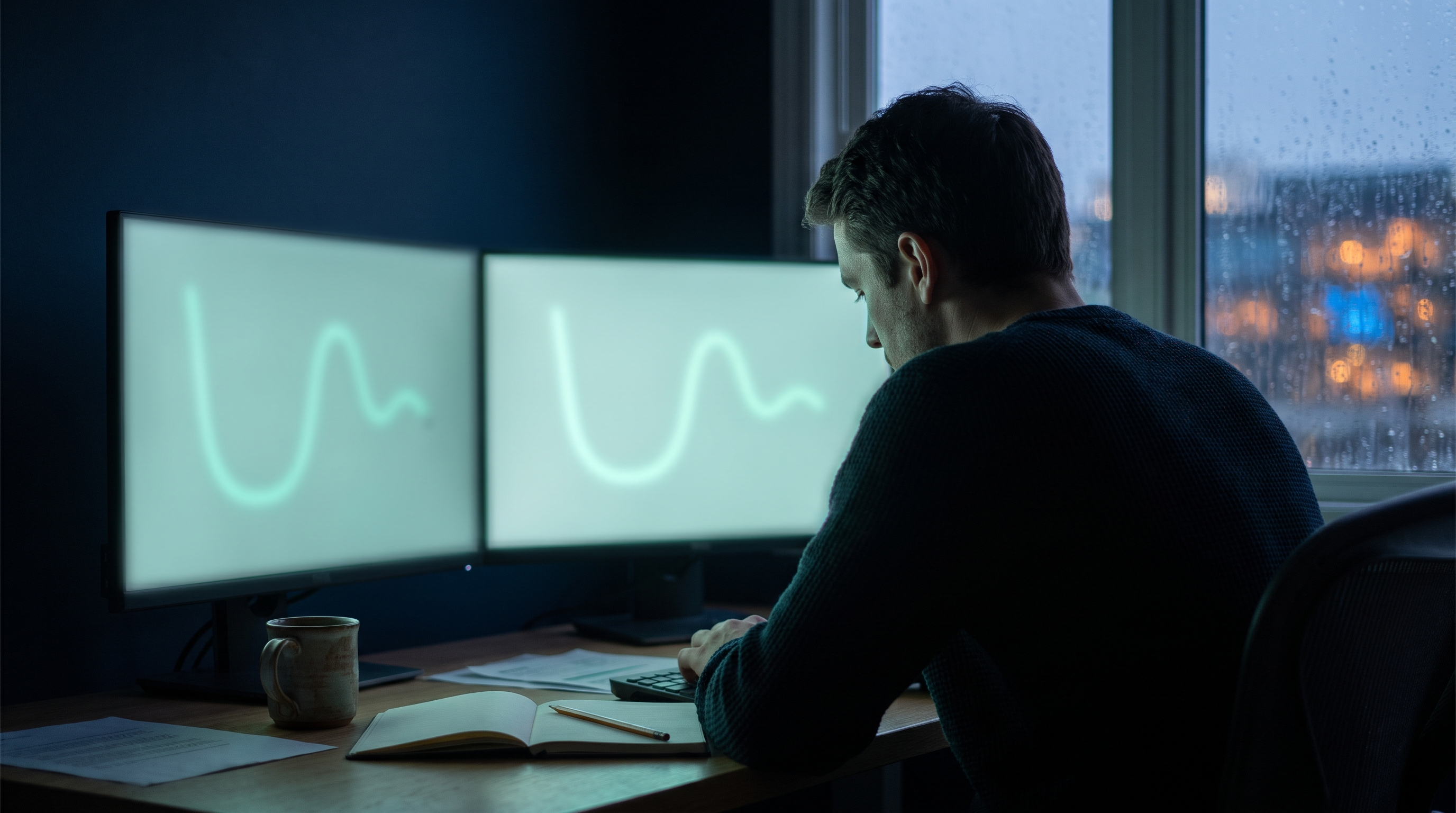 A trader seen from behind at a home-office desk at dusk, looking at two monitors that glow with soft teal U-shaped curves, beside a mug and an open notebook, with rain on the window and city lights blurred outside